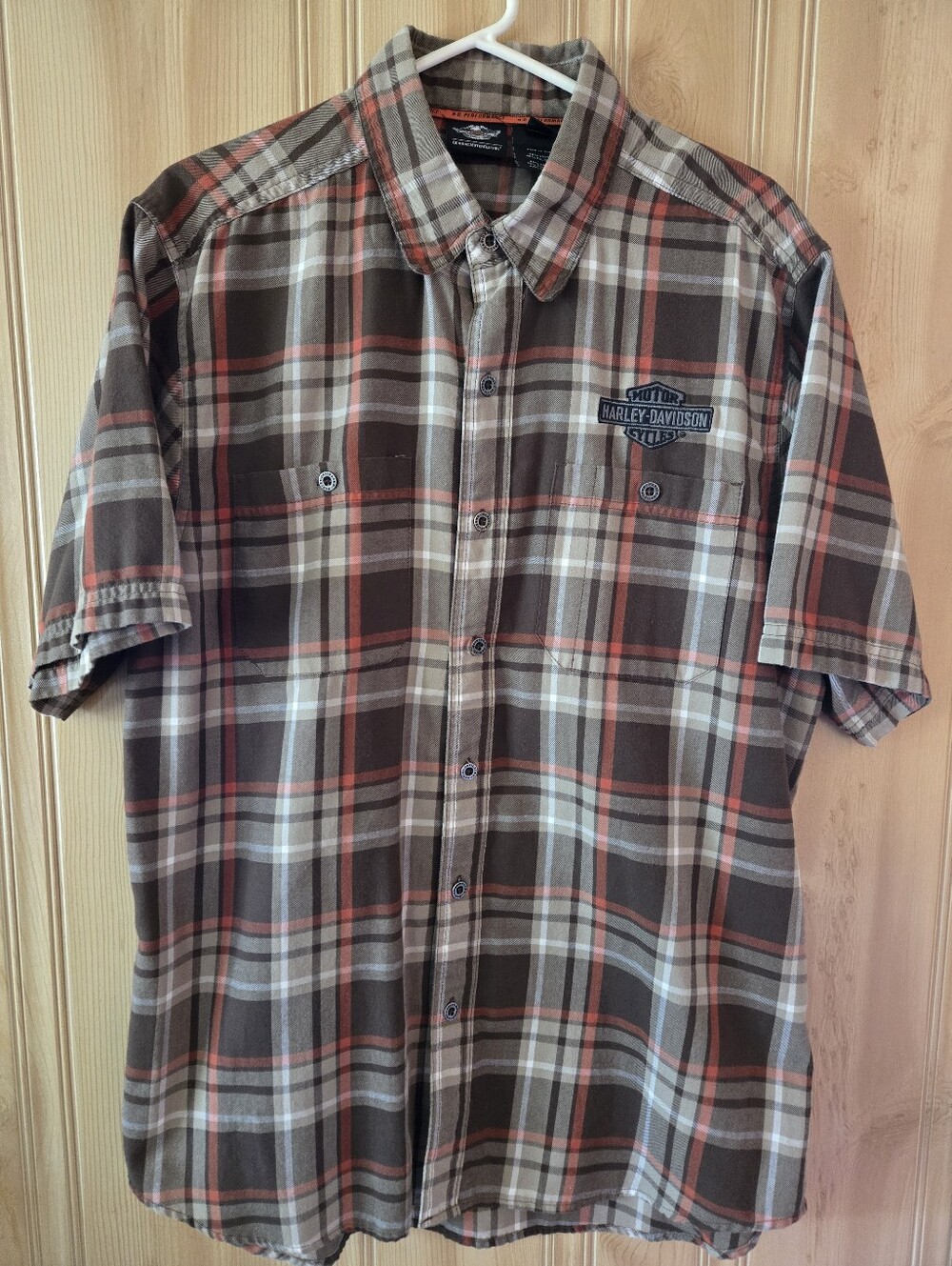 Harley-Davidson Brown, Cream & Orange Plaid Short-Sleeve Button-Up Shirt
